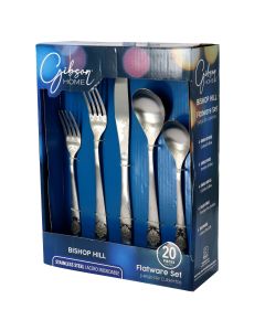 Gibson Home Bishop Hill 20 Piece Stainless Steel Floral Flatware Set in Matte Silver